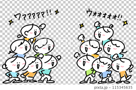 Manga style people cheering and getting enthusiastic, men and women, raising fists, whole body, simple and cute line drawing illustration 115345635