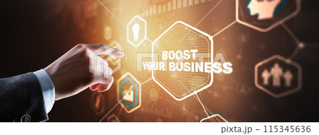 Boost Your Business 2024. Businessman touching finger virtual screen 115345636