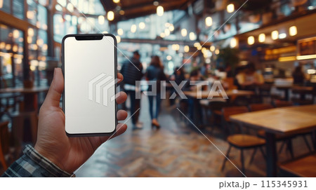A person is holding a phone in a restaurant with a lot of people 115345931