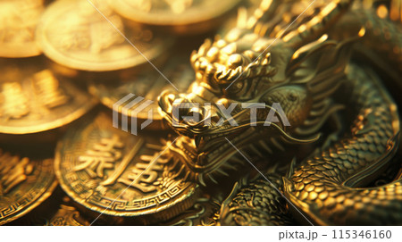 A gold dragon is sitting on top of a pile of gold coins 115346160