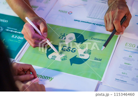 team brainstorming discussion focused on ESG  115346460