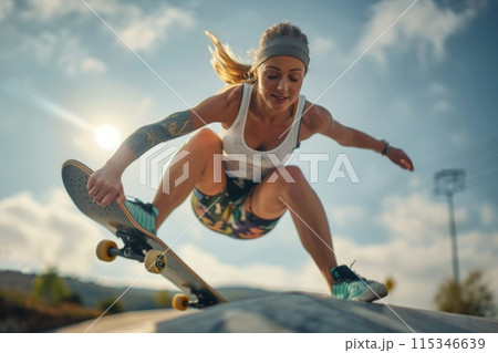 Female skateboarder - the fearless women carving their mark in the world of skateboarding, breaking stereotypes with every kickflip and grind. 115346639
