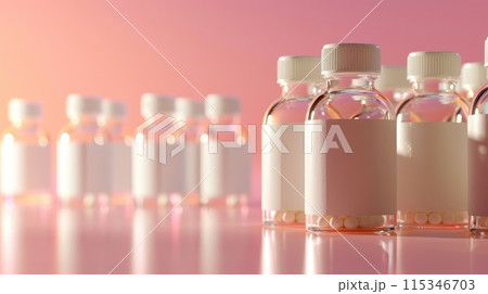 Medical pharmacy theme: empty clean bottles, containers, vials for advertising, presentation banners with copy space, showcasing pharmaceutical products mockup . 115346703