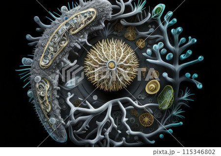 In the microscopic realm, a vibrant microbe dances, form intricate surreal. A symphony of colors shapes, it embodies unseen beauty of microbial world, a tiny marvel thriving in unseen corners of life. 115346802