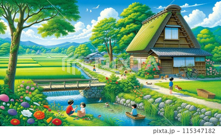 イラスト素材:水車小屋のある風景 イラスト素材:水車小屋のある風景 115347182