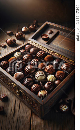 assorted chocolates in a vintage box on a wooden table. Generative AI 115347364