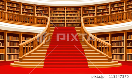 ゴージャスな図書館：赤いか絨毯と豪華な階段