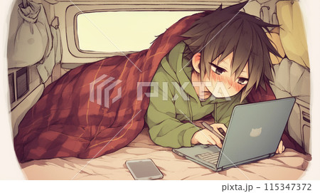 カプセルホテルの中でPCで仕事中の若者