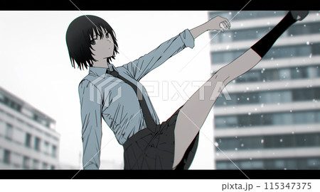 けり：むしゃくしゃして水たまりを思いっきり蹴り上げている女子高生
