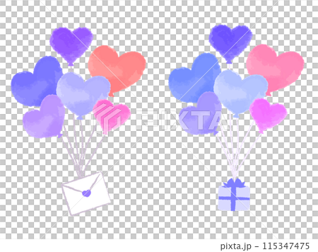 Bunch of colorful heart balloons, letter and gift 115347475