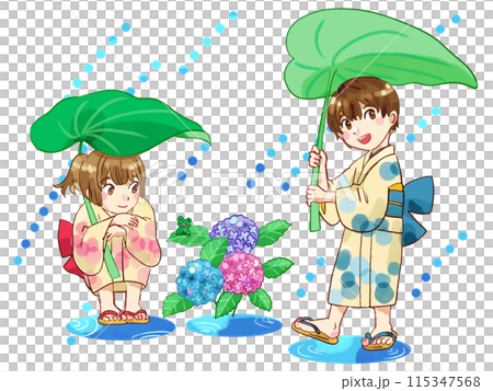 雨季與穿著和服的孩子們的插圖 雨季與穿著和服的孩子們的插圖 115347568