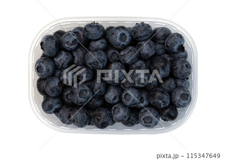 blueberries in plastic box isolated on white 115347649
