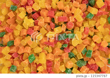 background of candied fruit pieces close up 115347787