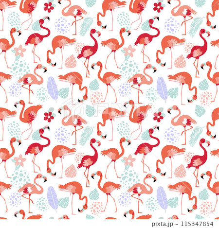 Pattern with pink flamingos and tropical leaves on a white background. Pink flamingo in flat style. Seamless pattern for textile, wrapping paper, background. 115347854