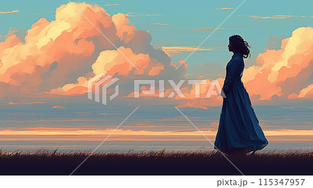 夏の夕暮れ：丘の上に立つ女性と夕焼けに映える入道雲