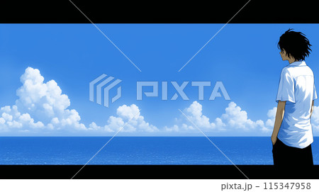 夏の海と空を見ている若い男性
