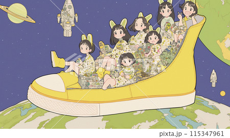 宇宙旅行：女の子の仲間たちがシューズ型の宇宙船に乗って宇宙に行く