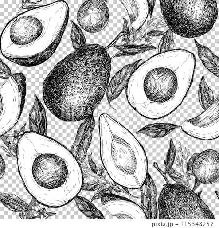 Seamless pattern with avocado hass graphic illustration, hand drawn sketch of vegetable,sliced avocado, leaves, flowers. Botanical drawing of tropical fruit. Engraving for food packaging design. Seamless pattern with avocado hass graphic illustration, hand drawn sketch of vegetable,sliced avocado, leaves, flowers. Botanical drawing of tropical fruit. Engraving for food packaging design. 115348257