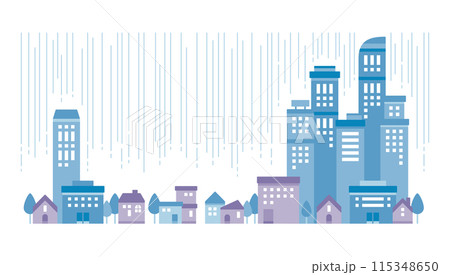 雨が降る都会の街並みの青いシンプルなイラスト 115348650