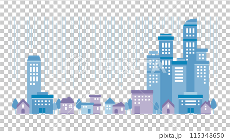 雨が降る都会の街並みの青いシンプルなイラスト 115348650