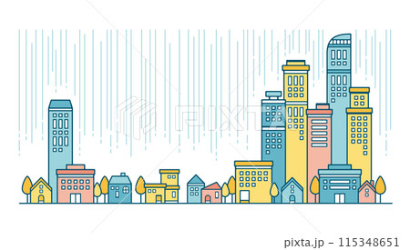 雨が降る都会の街並みのパステルカラーのかわいいイラスト 115348651
