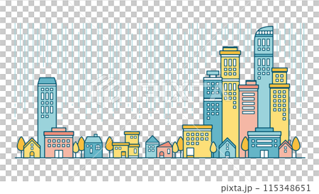 雨が降る都会の街並みのパステルカラーのかわいいイラスト 115348651