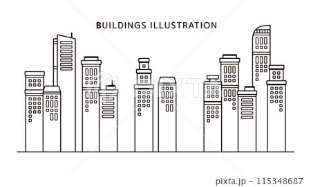 都会の高層ビル群の白黒の線のかわいい背景イラスト 115348687