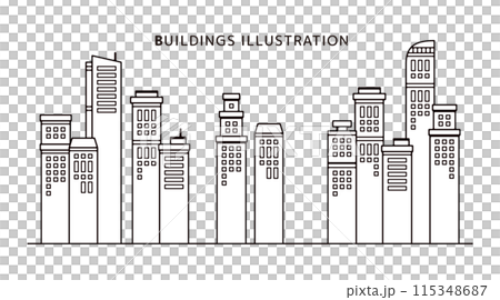 都会の高層ビル群の白黒の線のかわいい背景イラスト 115348687