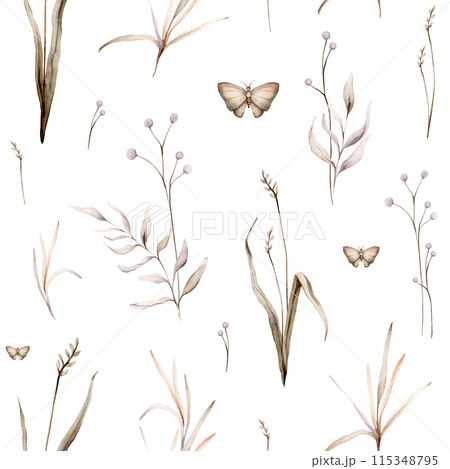 Watercolor seamless pattern floral delicate pastel vintage green violet brown bouquet. Hand drawn illustration isolated on white background. Repeat flower and herb herds and butterfly 115348795