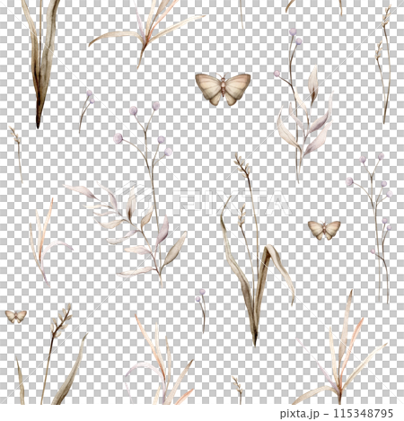 Watercolor seamless pattern floral delicate pastel vintage green violet brown bouquet. Hand drawn illustration isolated on white background. Repeat flower and herb herds and butterfly 115348795