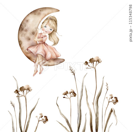 Blonde young girl ballerina in a pink dress and booties sits on the moon. Hand drawn illustration isolated on white background. Spotted beige moon and dark green grass for baby design 115348798