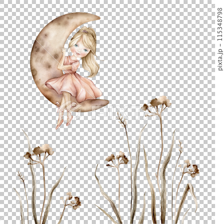 Blonde young girl ballerina in a pink dress and booties sits on the moon. Hand drawn illustration isolated on white background. Spotted beige moon and dark green grass for baby design Blonde young girl ballerina in a pink dress and booties sits on the moon. Hand drawn illustration isolated on white background. Spotted beige moon and dark green grass for baby design 115348798