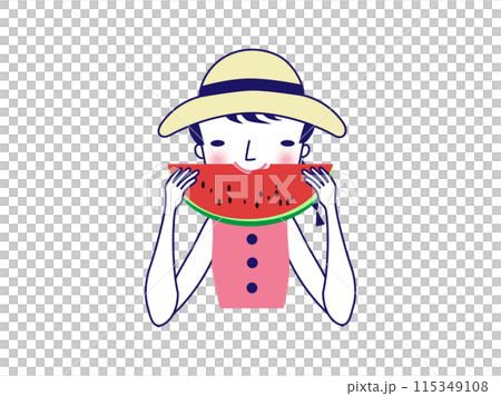半月切りのスイカをかぶりつく女の子 115349108