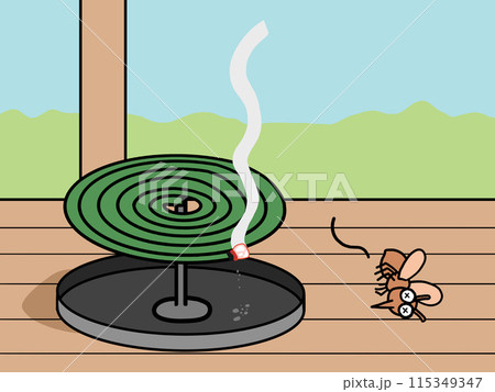 蚊取り線香で虫を追い払うイラスト（ぐるぐるタイプ）（簡易背景付き） 115349347