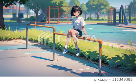 公園の鉄棒の上に座る女の子 115349399