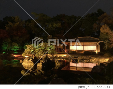 ライトアップされた京都二条城の庭園「香雲亭」が水鏡する美しい風景 115350033