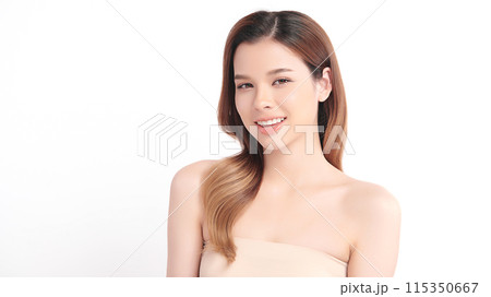 Beautiful smile of young woman with healthy white teeth on white background, Dental care. Dentistry concept. Beautiful smile of young woman with healthy white teeth on white background, Dental care. Dentistry concept. 115350667