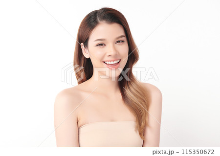 Beautiful smile of young woman with healthy white teeth on white background, Dental care. Dentistry concept. 115350672