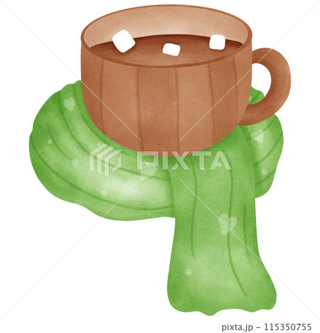 Hot chocolate and marshmallows with scarf, transparency illustration. Hot chocolate and marshmallows with scarf, transparency illustration. 115350755