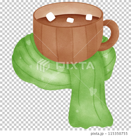 Hot chocolate and marshmallows with scarf, transparency illustration. Hot chocolate and marshmallows with scarf, transparency illustration. 115350755