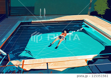 Summer pool vacation at sunny day. AI generated illustration in pop art style. 115351561