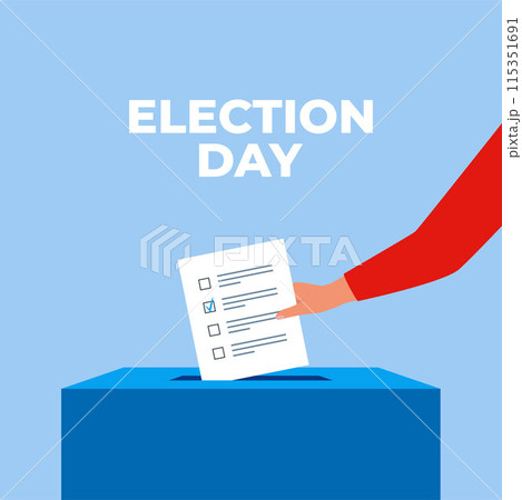 Puts voting ballot in ballot box. Election day. Voting and election concept. Vector illustration. 115351691