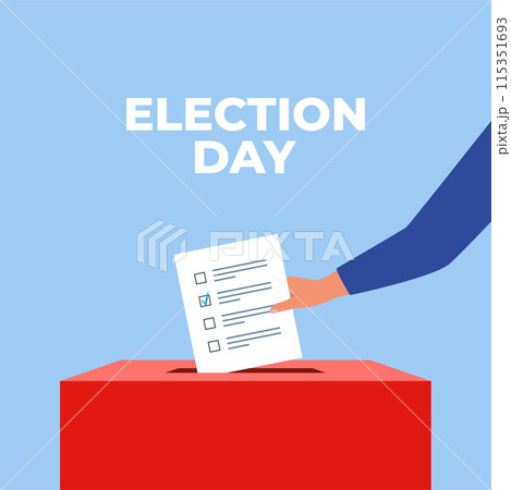 Puts voting ballot in ballot box. Election day. Voting and election concept. Vector illustration. 115351693