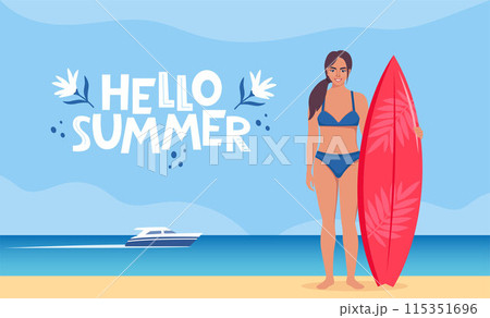 Young woman surfer with surfboard standing on the beach. Seashore and Hello Summer lettering. Concept of adventure, journey, summer trip. Vector Illustration. 115351696