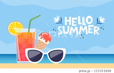 Pink ice cream, cocktail, sunglasses and the inscription Hello Summer. Hello summer banner, tropical beach background. Travel concept. Summer vacation. Vector illustration. 115351699