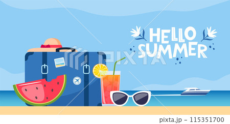 Hello summer banner. Retro travel suitcase on tropical beach. Beach hat, sunglasses, cocktail, watermelon. Travel concept. Summer vacation. Vector illustration. 115351700