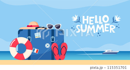 Hello summer banner. Retro travel suitcase on tropical beach. Beach hat, sunglasses, inflatable circle, rubber beach slippers. Travel concept. Summer vacation. Vector illustration. 115351701