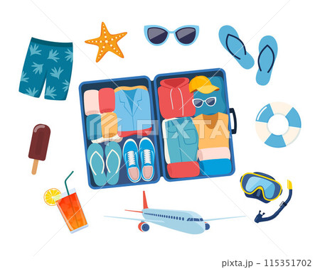 Open suitcase with clothes and summer beach elements around it. Summer colorful objects collection for outdoor trip vacation. Vector illustration. 115351702