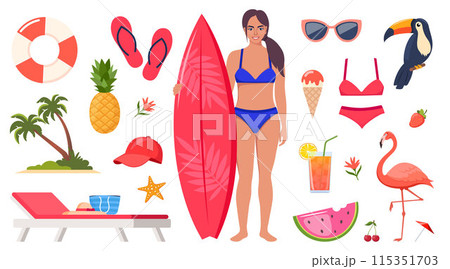 Summer icons. Woman in swimsuit with surfboard, flamingo, toucan, pineapple, ice cream, cocktail, palm, watermelon, hat, swimsuit, flower, sunbed. Concept of adventure, journey, summer trip. Vector. 115351703
