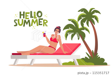 Woman dressed in swimsuit sunbathing on the beach with cocktail in her hand and smiling. Girl on sun bed. Hello Summer lettering. Vector illustration. Woman dressed in swimsuit sunbathing on the beach with cocktail in her hand and smiling. Girl on sun bed. Hello Summer lettering. Vector illustration. 115351717